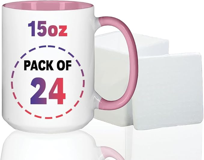 15oz Pink Sublimation Mugs – Blank Ceramic Cups for Heat Transfer Printing – Set of 24 Bulk Mugs for Custom Crafting, Customizable Drinkware