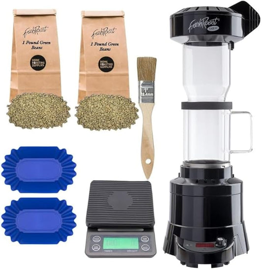 Fresh Roast Coffee Roaster Bundle SR800, Glass Extension Tube, Pour Over DIgital Scale, (2lbs) Sample Pack of Green Beans, (2-Pack) Sample Trays, Chaff Brush