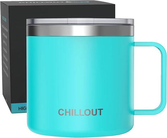 CHILLOUT LIFE Stainless Steel 16 oz Vacuum Insulated Coffee Mug with Handle and Lid, Large Thermal Camping Coffee Mug Cup with Durable Sliding Lid for Men & Women, Keeps your Beverages Hot/Cold