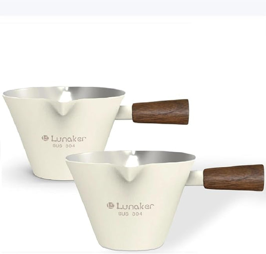 Espresso Cups - 4OZ Espresso Shot Cup with Wooden Handle -Measuring Cup with Double Spouts - Coffee Bar Accessories, White （2 Pcs）