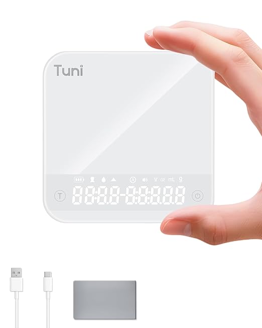 Tuni Rechargeable Mini Coffee Scale with Timer, 2kg/0.1g Accurate Espresso Scale for Espresso and Pour-Over Coffee, Portable Digital Kitchen Scale with Automatic Timing, White