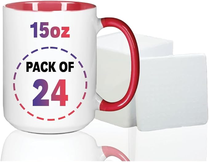 15oz Red Sublimation Mugs – Blank Ceramic Cups for Heat Transfer Printing – Set of 24 Bulk Mugs for Custom Crafting, Customizable Drinkware