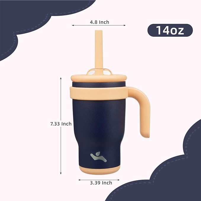 14 oz Tumbler with Side Handle, Insulated Water Bottle with Straw and 2 in 1 Lid, Stainless Steel Cup Travel Coffee Mug for Sports Office Gym,Navy Blue