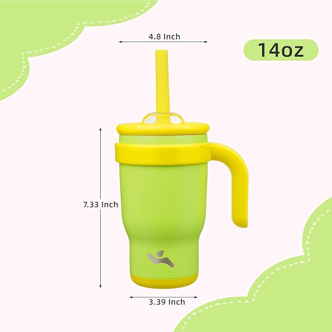14 oz Tumbler with Side Handle, Insulated Water Bottle with Straw and 2 in 1 Lid, Stainless Steel Cup Travel Coffee Mug for Sports Office Gym,Lime