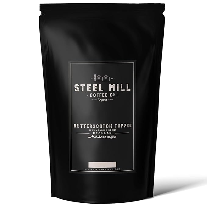 Steel Mill Coffee Co. Butterscotch Toffee Flavored Coffee – Whole Bean – Medium Roast – 100% Arabica Beans – Vegan – Sugar-Free – Gluten-Free – Gourmet Coffee – 2lb Bag