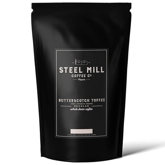 Steel Mill Coffee Co. Butterscotch Toffee Flavored Coffee – Whole Bean – Medium Roast – 100% Arabica Beans – Vegan – Sugar-Free – Gluten-Free – Gourmet Coffee – 2lb Bag