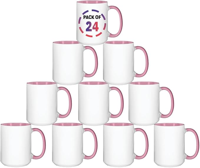 15oz Pink Sublimation Mugs – Blank Ceramic Cups for Heat Transfer Printing – Set of 24 Bulk Mugs for Custom Crafting, Customizable Drinkware