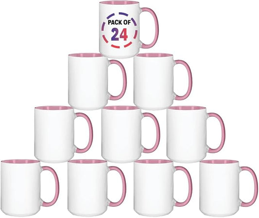 15oz Pink Sublimation Mugs – Blank Ceramic Cups for Heat Transfer Printing – Set of 24 Bulk Mugs for Custom Crafting, Customizable Drinkware