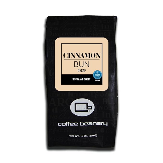 Cinnamon Bun Decaf Coffee by Coffee Beanery | 12oz Flavored Medium Roast Whole Beans | 100% Specialty Arabica Gourmet Coffee