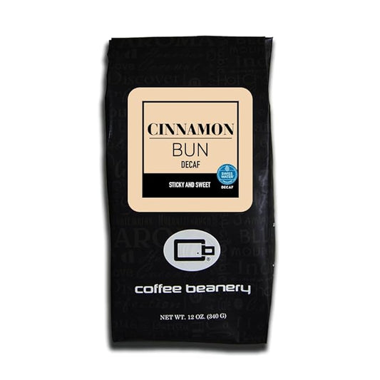 Cinnamon Bun Decaf Coffee by Coffee Beanery | 12oz Flavored Medium Roast Whole Beans | 100% Specialty Arabica Gourmet Coffee