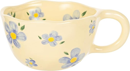 MAKCNMYM Ceramic Coffee Mug Vintage Flower Mugs 8 oz Cute Floral Coffee Mugs Irregular Latte Art Cup Lead-free Porcelain Cups for Cappuccino, Cocoa (Blue Flowers)