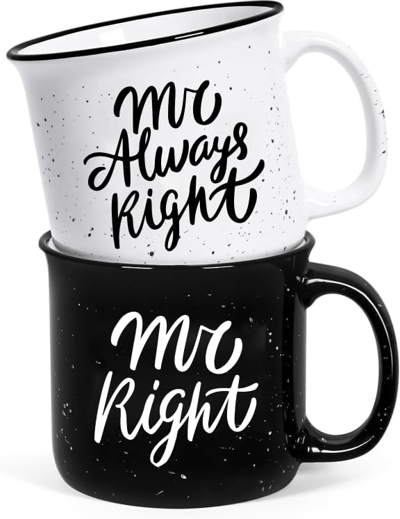 Physkoa Gay Gifts – Mr. Right & Mr. Always Right Mug Set, Funny Gay Couple Gift for Him, 11oz Ceramic Coffee Mugs for Gay Wedding, Anniversary, or Engagement