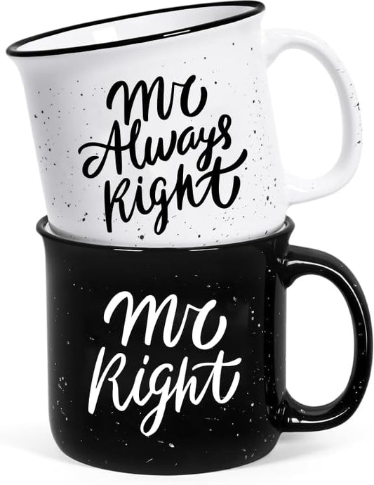 Physkoa Gay Gifts – Mr. Right & Mr. Always Right Mug Set, Funny Gay Couple Gift for Him, 11oz Ceramic Coffee Mugs for Gay Wedding, Anniversary, or Engagement