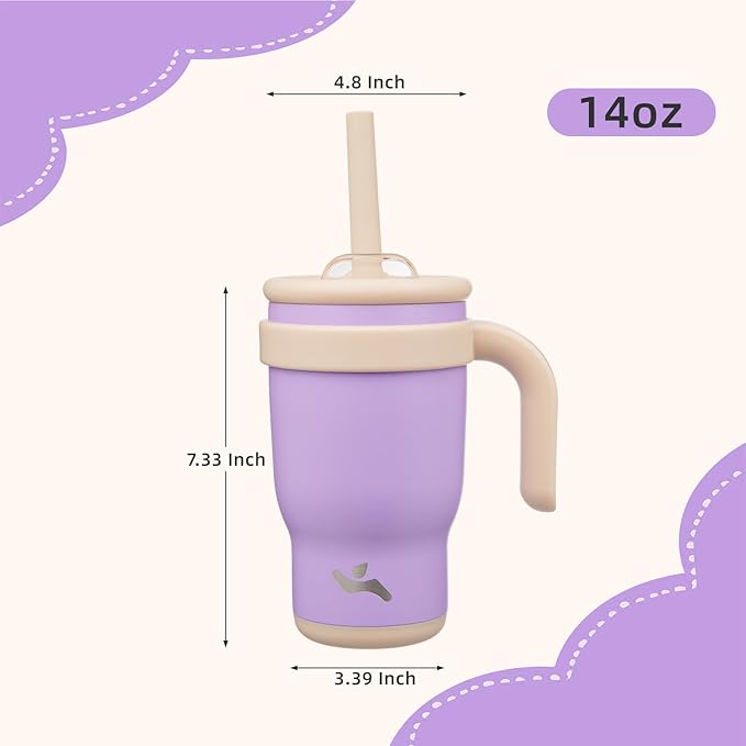 14 oz Tumbler with Side Handle, Insulated Water Bottle with Straw and 2 in 1 Lid, Stainless Steel Cup Travel Coffee Mug for Sports Office Gym,Purple