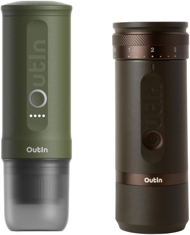 OutIn Nano Portable Electric Espresso Machine with Fino Portable Electric Coffee Grinder，Brown & Forest Green
