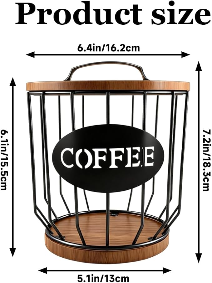 yaenoei 2 Pack Coffee Pod Holder with Lid Coffee Pods Storage Black Wire Coffee Storage Basket Large Capacity K Cup Holder with Wooden Base for Kitchen Countertop, Cafe Bar Organizer, Office Desktop