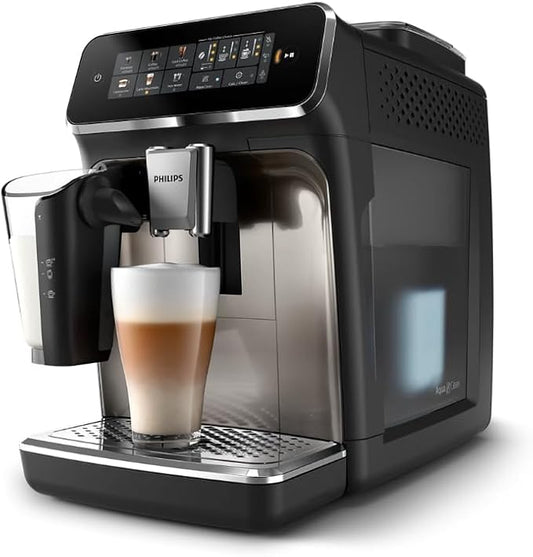 PHILIPS 3300 Series Fully Automatic Espresso Machine - LatteGo Milk System, 5 Coffee Varieties, Intuitive Touch Display, SilentBrew, 100% Ceramic Grinder, AquaClean Filter, Glossy Black (EP3347/90)
