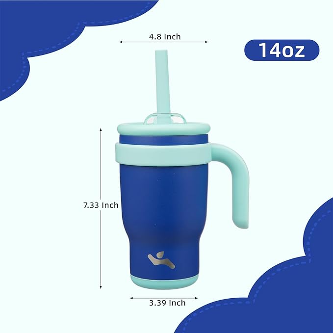 14 oz Tumbler with Side Handle, Insulated Water Bottle with Straw and 2 in 1 Lid, Stainless Steel Cup Travel Coffee Mug for Sports Office Gym,Dark Blue