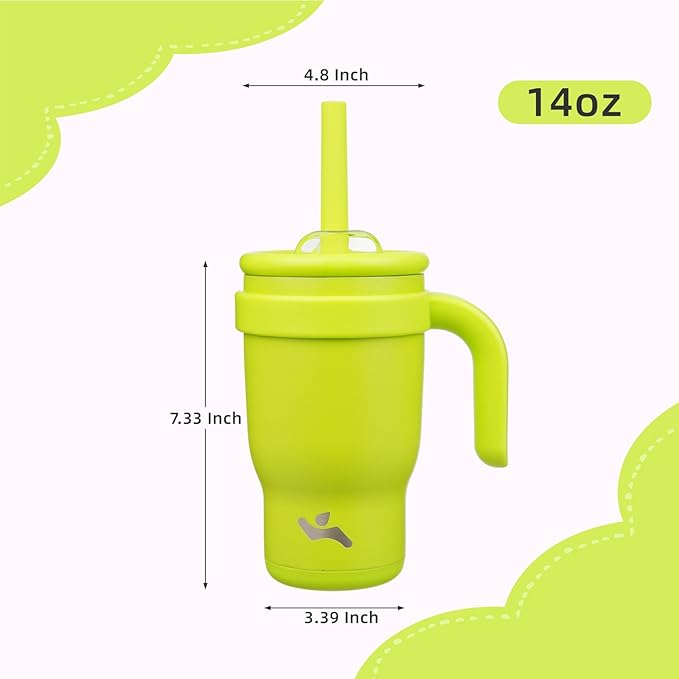 14 oz Tumbler with Side Handle, Insulated Water Bottle with Straw and 2 in 1 Lid, Stainless Steel Cup Travel Coffee Mug for Sports Office Gym,Green