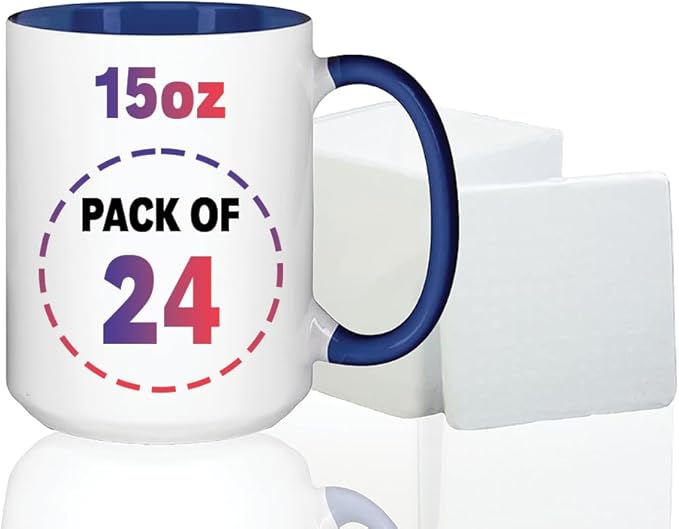 15oz Blue Sublimation Mugs – Blank Ceramic Cups for Heat Transfer Printing – Set of 24 Bulk Mugs for Custom Crafting, Customizable Drinkware