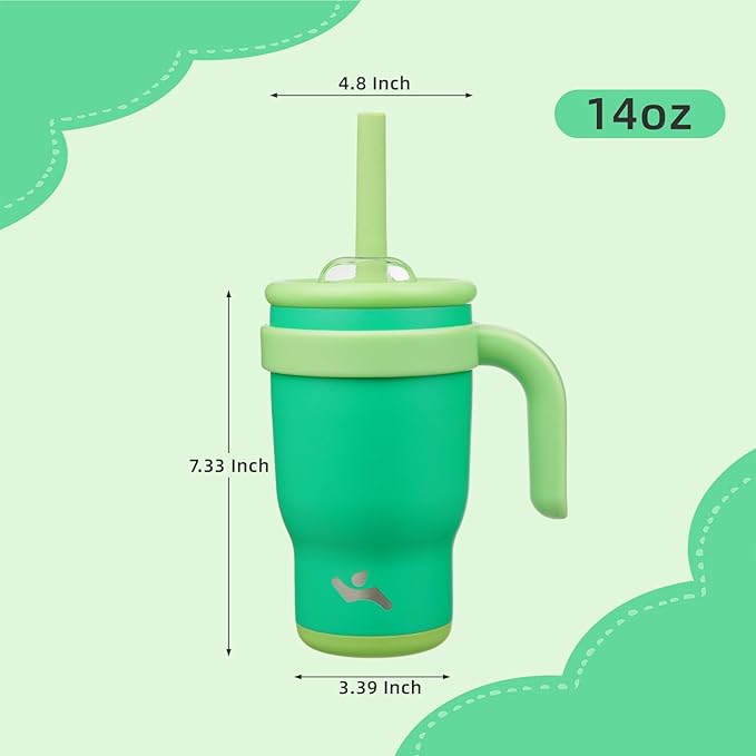 14 oz Tumbler with Side Handle, Insulated Water Bottle with Straw and 2 in 1 Lid, Stainless Steel Cup Travel Coffee Mug for Sports Office Gym,Olive Green