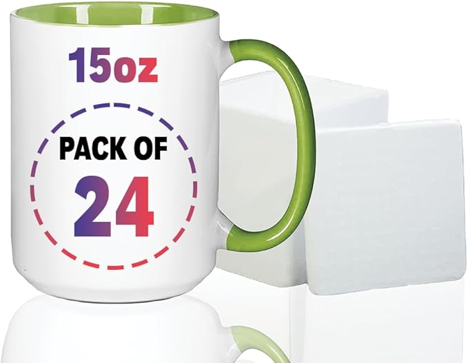 15oz Light Green Sublimation Mugs – Blank Ceramic Cups for Heat Transfer Printing – Set of 24 Bulk Mugs for Custom Crafting, Customizable Drinkware