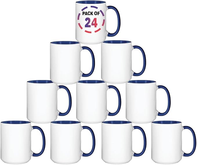 15oz Blue Sublimation Mugs – Blank Ceramic Cups for Heat Transfer Printing – Set of 24 Bulk Mugs for Custom Crafting, Customizable Drinkware