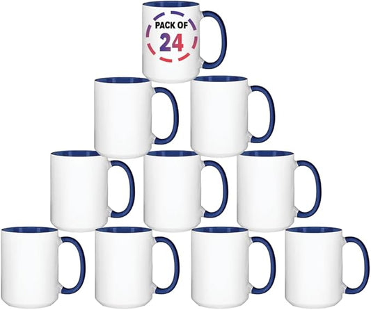 15oz Blue Sublimation Mugs – Blank Ceramic Cups for Heat Transfer Printing – Set of 24 Bulk Mugs for Custom Crafting, Customizable Drinkware