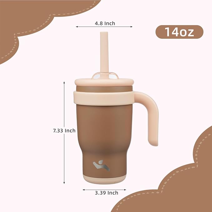14 oz Tumbler with Side Handle, Insulated Water Bottle with Straw and 2 in 1 Lid, Stainless Steel Cup Travel Coffee Mug for Sports Office Gym,Brown