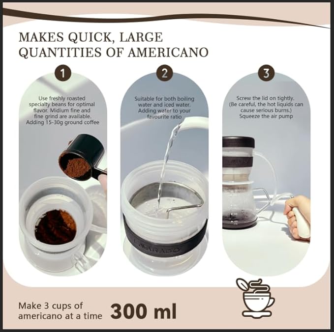 Air Pressure Coffee Maker, Manual Espresso Brewer No Electricity, Portable Handheld Coffee Maker for Home, Office & Travel, 0.3L Glass Pot