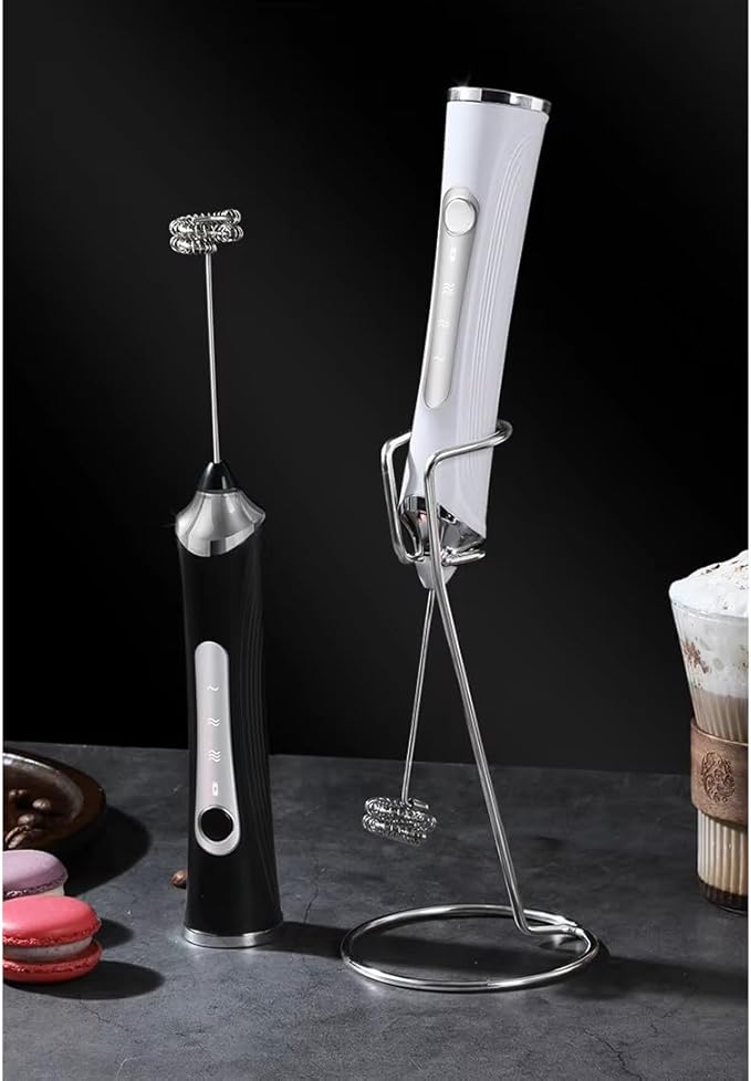 Rechargable Milk Frother, Handheld Drink Mixer with Whisk Attachment, 2025 upgraded powerfull 3 speed motor, Type C charging with charge light, with extra egg mix head (Black without Stand)