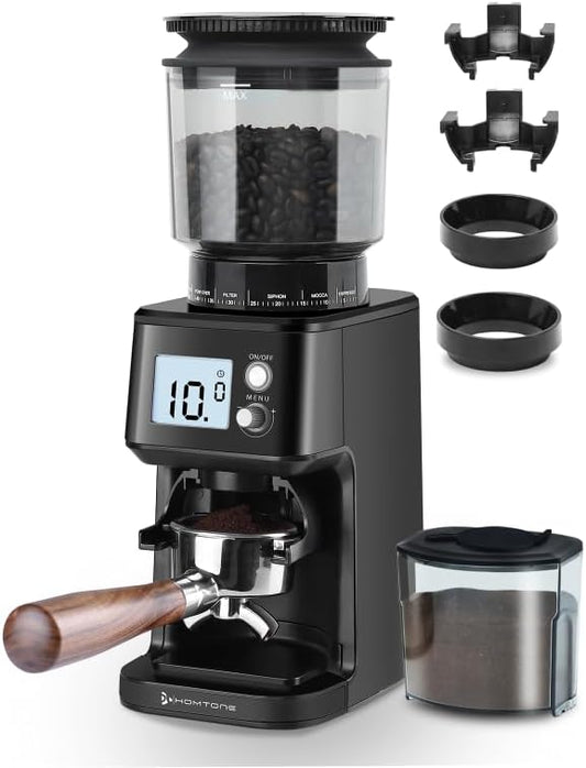 Homtone Conical Burr Espresso Coffee Grinder, 51 Precise Settings, Electric Mill with Portafilter Holder, 2-12 Cups Adjustable, Anti-static, Stainless Steel, 120V