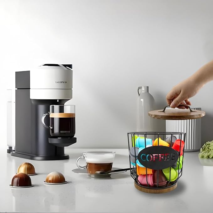 yaenoei 2 Pack Coffee Pod Holder with Lid Coffee Pods Storage Black Wire Coffee Storage Basket Large Capacity K Cup Holder with Wooden Base for Kitchen Countertop, Cafe Bar Organizer, Office Desktop
