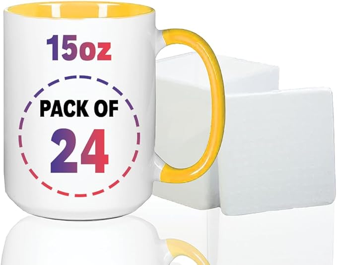 15oz Yellow Sublimation Mugs – Blank Ceramic Cups for Heat Transfer Printing – Set of 24 Bulk Mugs for Custom Crafting, Customizable Drinkware