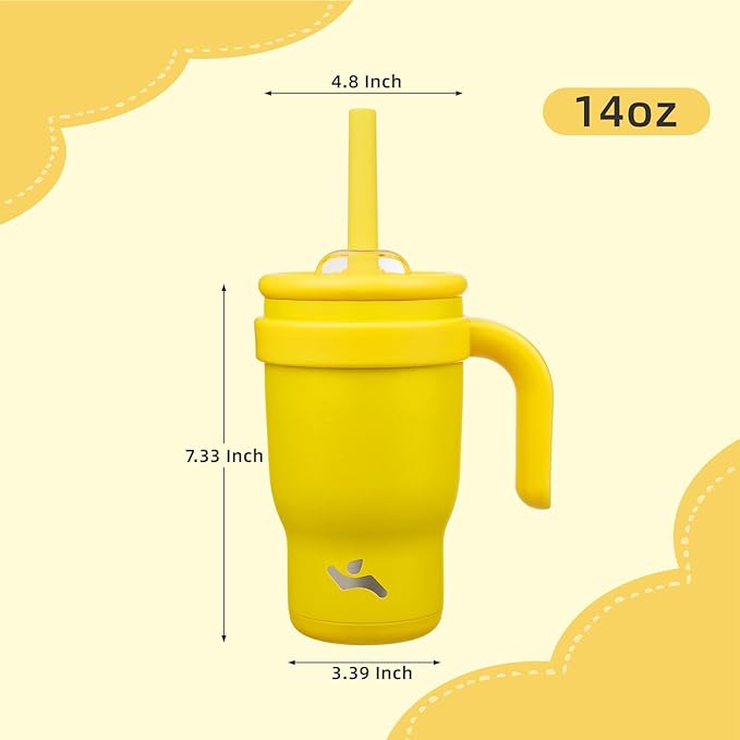 14 oz Tumbler with Side Handle, Insulated Water Bottle with Straw and 2 in 1 Lid, Stainless Steel Cup Travel Coffee Mug for Sports Office Gym,Yellow