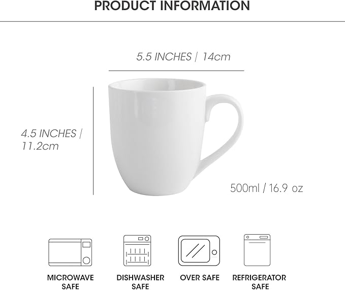 16OZ Ceramic Coffee Mugs Set, Large White Coffee Cups with Handles, Porcelain Mug Sets for Tea, Milk, Latte, Mocha, Cocoa, Cappuccino, Dishwasher Safe, Cups Gift for Holiday & Anniversary (6PCS)