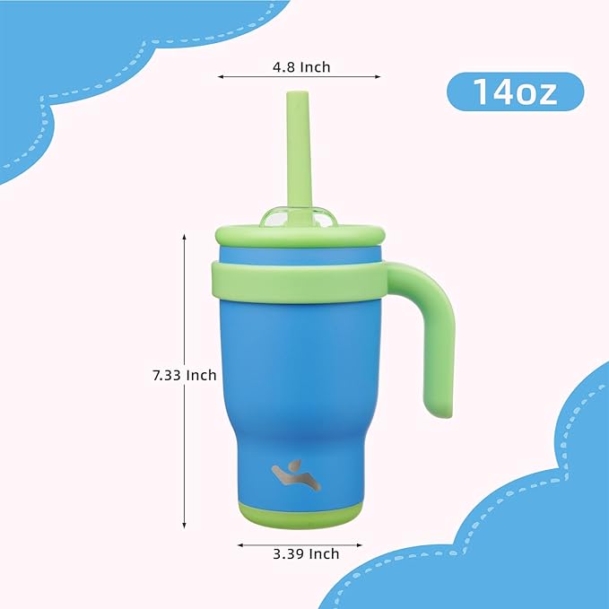 14 oz Tumbler with Side Handle, Insulated Water Bottle with Straw and 2 in 1 Lid, Stainless Steel Cup Travel Coffee Mug for Sports Office Gym,Sky Blue