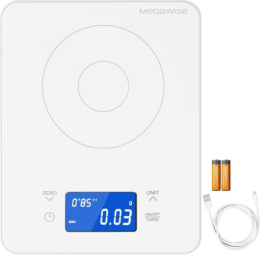 MEGAWISE High Precision Coffee Scale with Timer, Dual Power Supply, Waterproof Tempered Glass, 5 Weighing Modes, Professional Coffee Brewing Timer