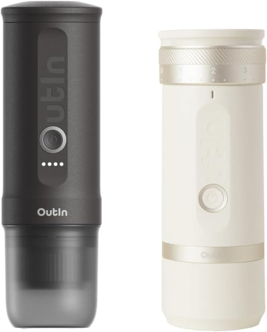 OutIn Nano Portable Electric Espresso Machine with Fino Portable Electric Coffee Grinder, White & Grey