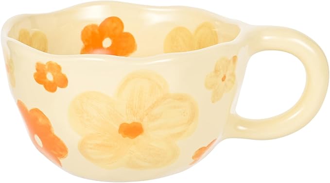 MAKCNMYM Ceramic Coffee Mug Vintage Flower Mugs 8 oz Cute Floral Coffee Mugs Irregular Latte Art Cup Lead-free Porcelain Cups for Cappuccino, Cocoa (Orange Flowers)