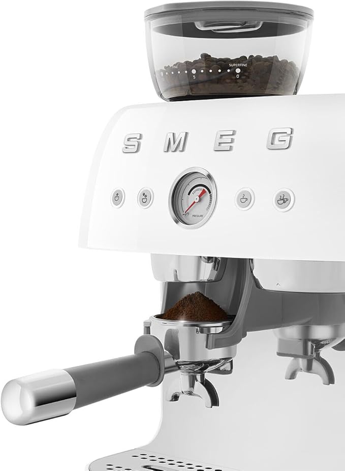 Smeg EGF03 Semi-Automatic Espresso Machine with Built-In Grinder, Dual Thermoblock, 50’s Retro Style – White (120 V)