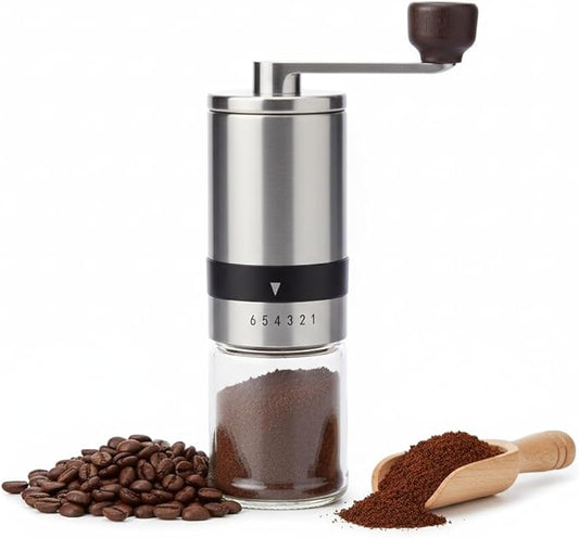 Manual Coffee Grinder – Professional Stainless Steel Burr Mill with 6 Adjustable Settings – Portable Hand Crank Grinder for Espresso to French Press – Glass Grounds Container & Ergonomic Wooden Handle
