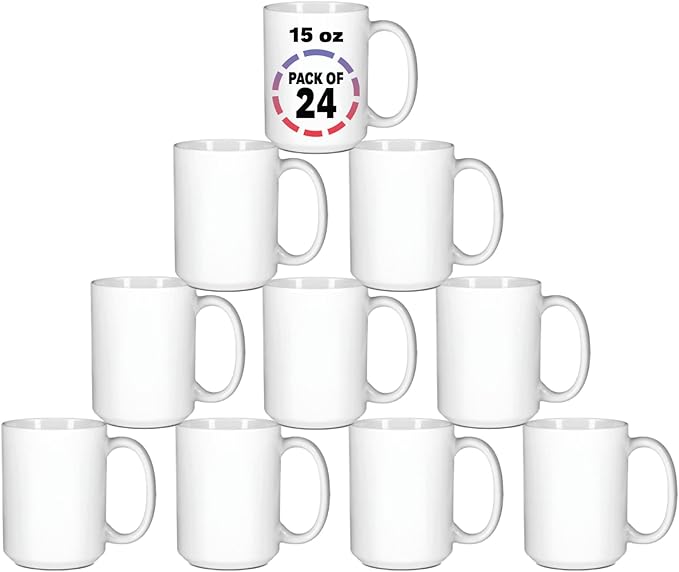 15oz White Sublimation Mugs – Blank Ceramic Cups for Heat Transfer Printing – Set of 24 Bulk Mugs for Custom Crafting, Customizable Drinkware