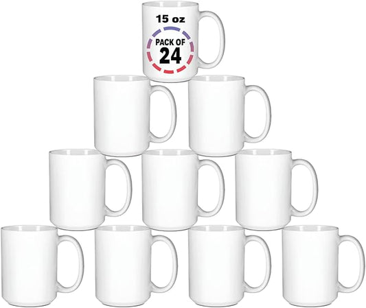 15oz White Sublimation Mugs – Blank Ceramic Cups for Heat Transfer Printing – Set of 24 Bulk Mugs for Custom Crafting, Customizable Drinkware