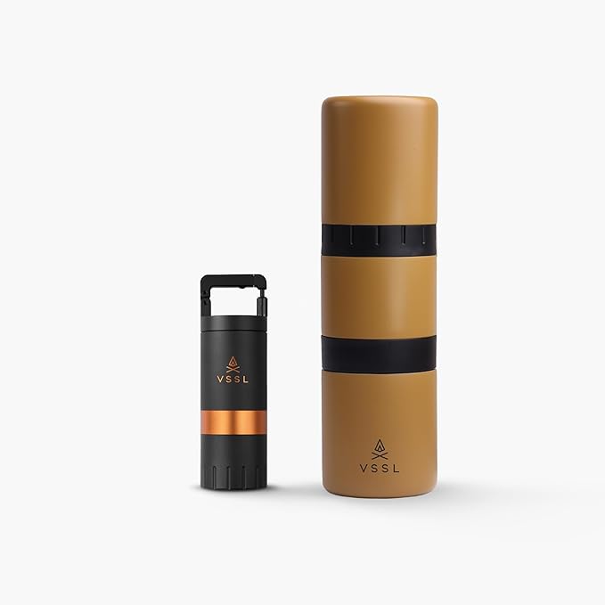 VSSL - Nest Pour Over Coffee Kit + Java G25 Bean Grinder Bundle | Coffee for Camping | Pour Over Dripper | Two 10oz Stainless Steel Travel Mugs | Sahara/Carbon