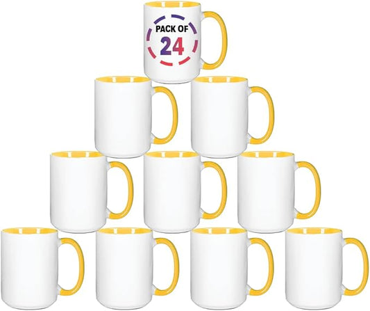 15oz Yellow Sublimation Mugs – Blank Ceramic Cups for Heat Transfer Printing – Set of 24 Bulk Mugs for Custom Crafting, Customizable Drinkware