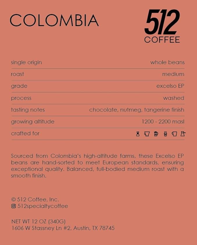 512 Coffee Specialty Colombia Medium Roast – Premium Single Origin Whole Beans with Chocolate, Citrus & Nutmeg Notes – Fresh Roasted for Drip & Filter Brewing