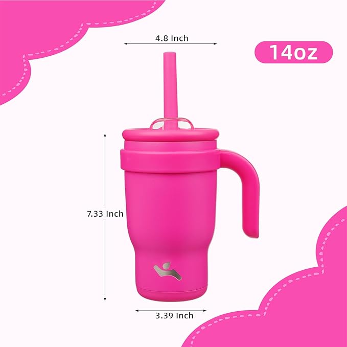 14 oz Tumbler with Side Handle, Insulated Water Bottle with Straw and 2 in 1 Lid, Stainless Steel Cup Travel Coffee Mug for Sports Office Gym,Fuchsia