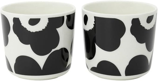 MARIMEKKO Unikko Oiva Stoneware Coffee Cup Set of 2 — Refine Your Kitchen Décor with Our Iconic Black & White Stoneware — Stylish Floral Coffee Cups to Elevate Your Drinking Experience (7oz)