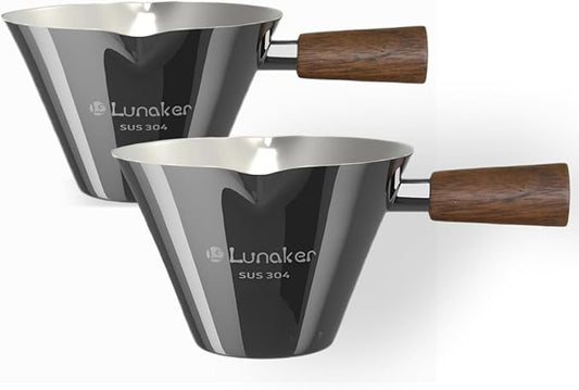 Espresso Cups - 4OZ Espresso Shot Cup with Wooden Handle -Measuring Cup with Double Spouts - Coffee Bar Accessories, Bright Silver（2 Pcs）